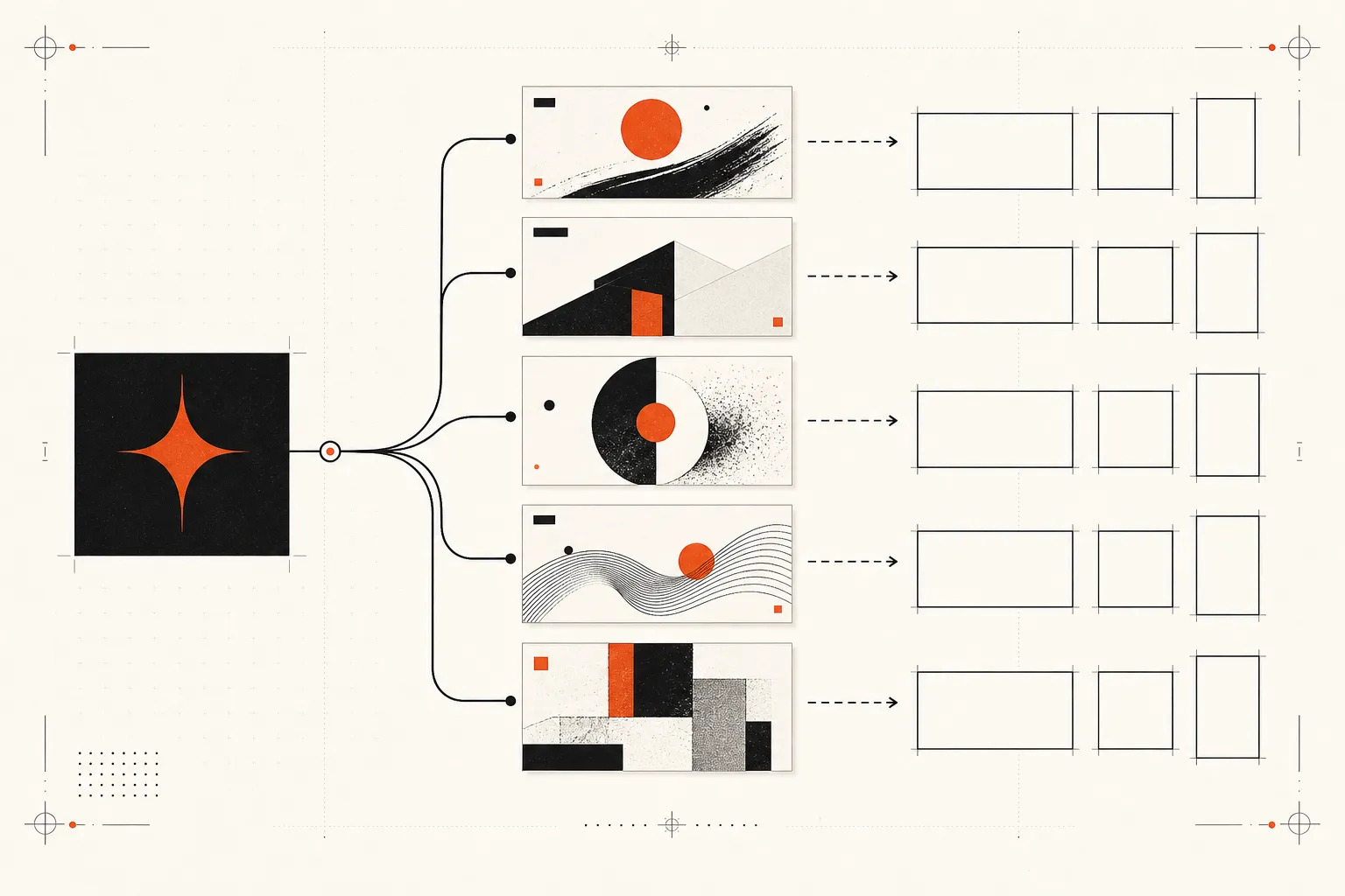 A single signal branching into several distinct creative routes, each leading to landscape, square and vertical frames.