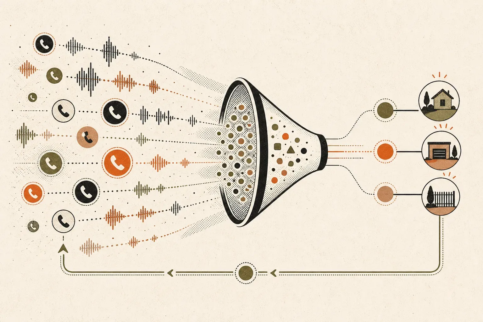 Many phone signals narrowing through a qualification funnel into a few valuable jobs.